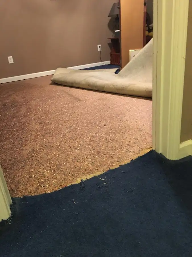 Carpet pad removal revealing water damage during Drying & Dehumidification in Ada